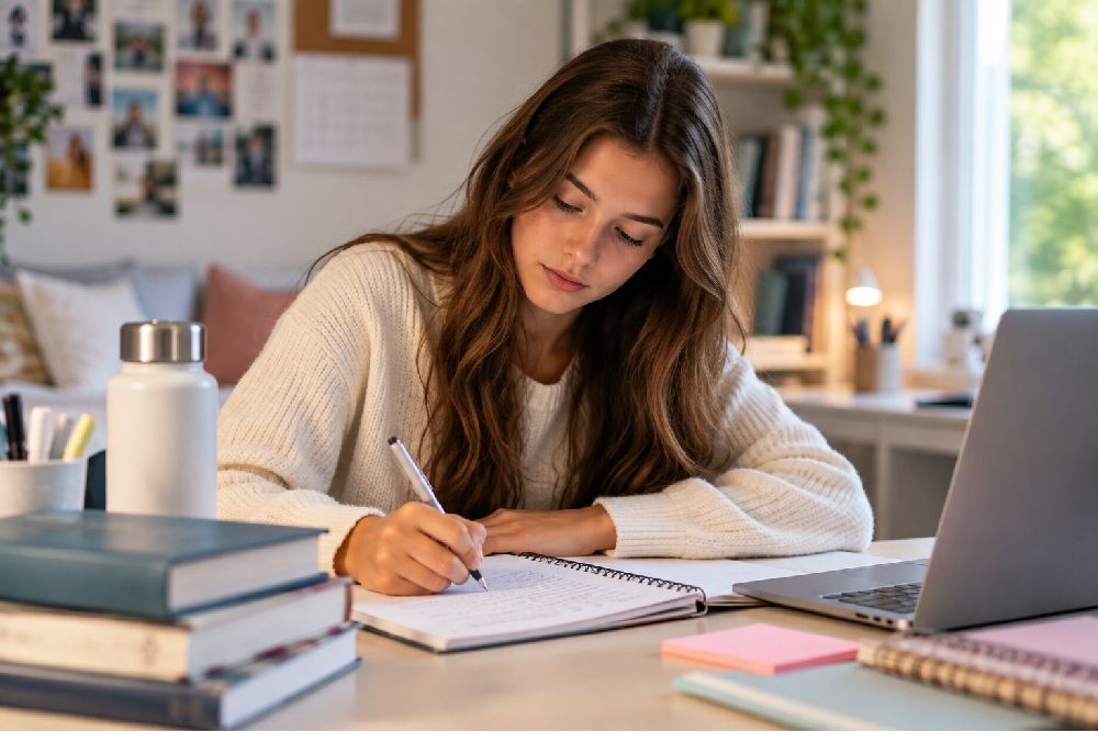 Student taking notes on her notebook