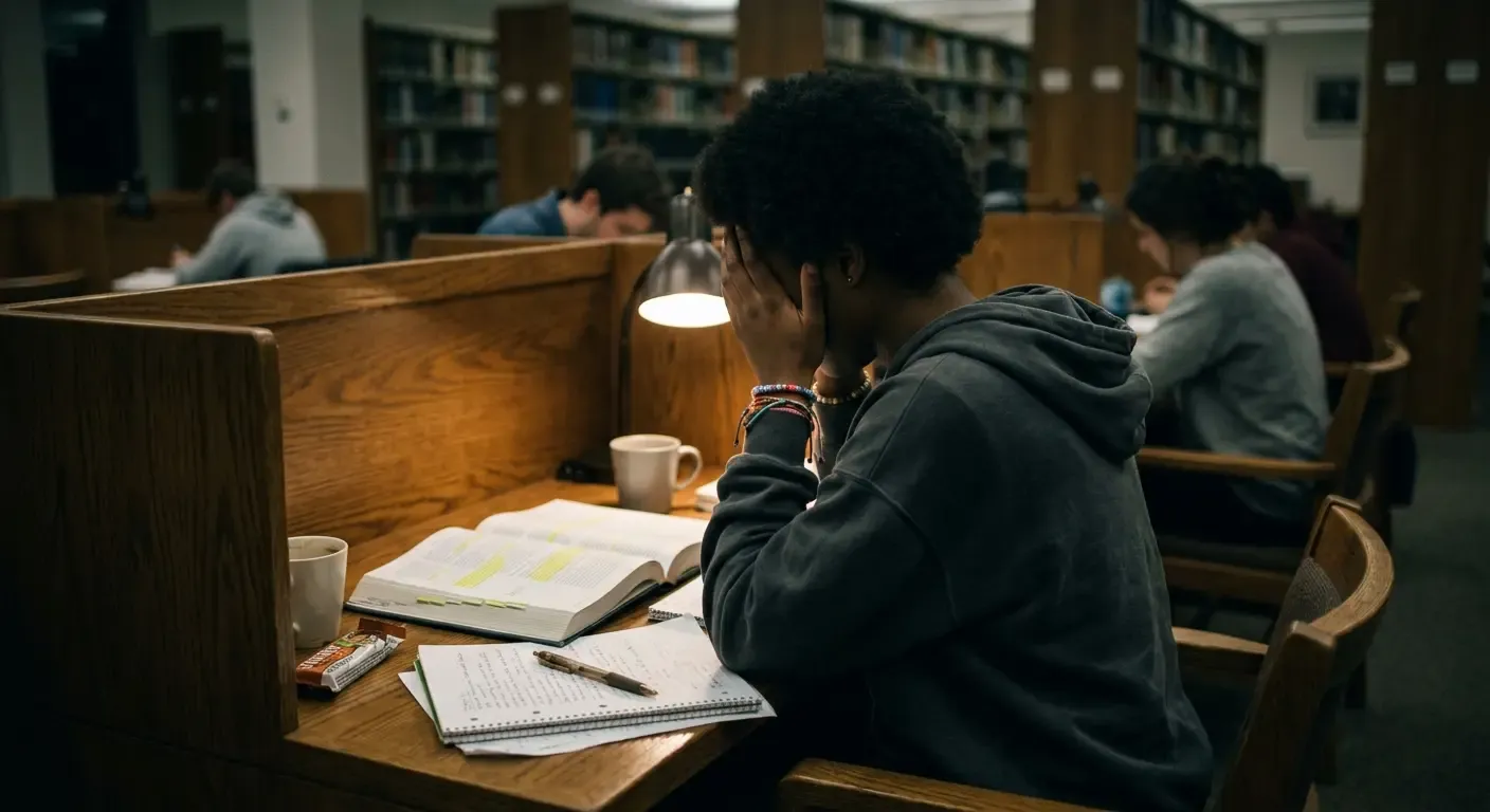 Anxious black girl studying for an exam at a library in New York