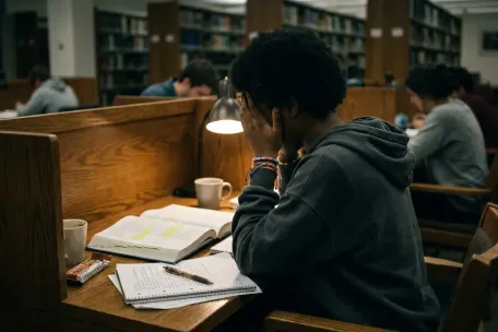 Anxious black girl studying for an exam at a library in New York